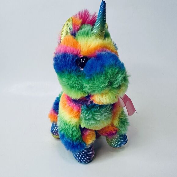 MTY International Rainbow Striped Unicorn Plush w/Pink sparkle Eyes Stuffed - Picture 3 of 14